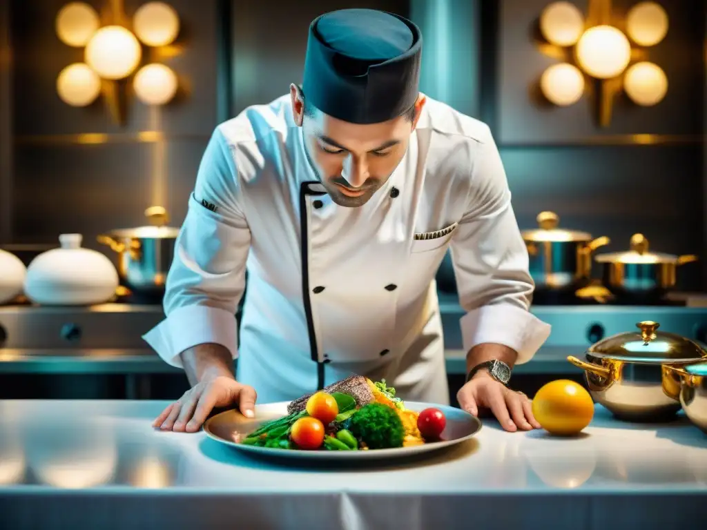 Un chef experto prepara con precisión una sofisticada receta francesa en la lujosa cocina de Le Meurice