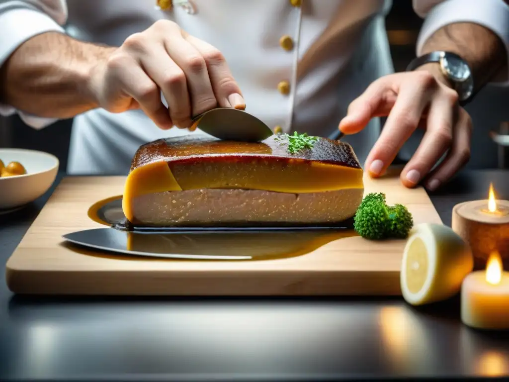 Un chef experto prepara con precisión un suave foie gras en una cocina impecable