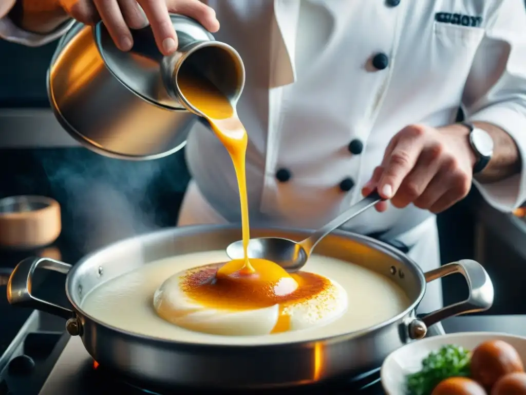 Un chef experto mezcla con precisión una suave salsa bechamel en una cacerola brillante, revelando los Secretos de las Salsas Francesas