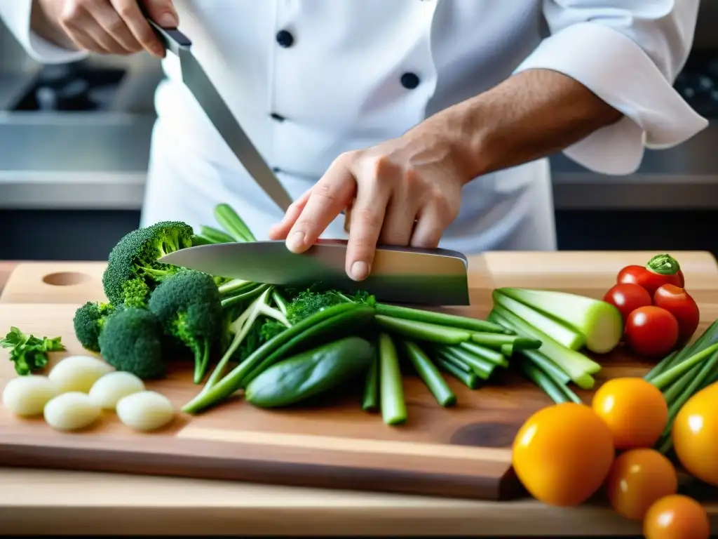 Un chef experto organiza con precisión verduras en tabla de cortar de madera