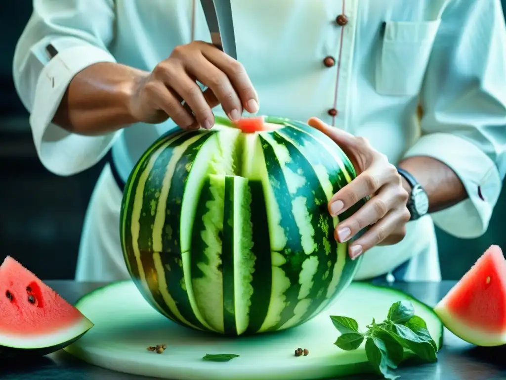 Un chef experto tallando con precisión una sandía vibrante, destacando las Técnicas de tallado de frutas con destreza y arte