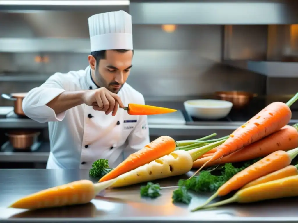 Un chef experto tallando con precisión en una zanahoria, demostrando habilidades en el tallado en la gastronomía francesa