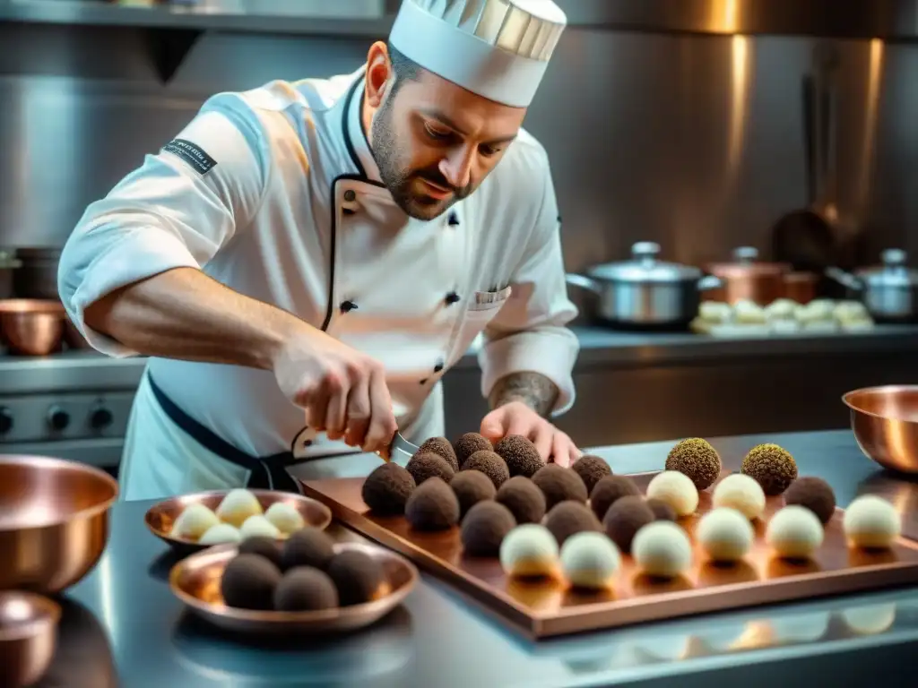 Chef francés experto en presentación atractiva platos gastronomía francesa con trufas en cocina parisina