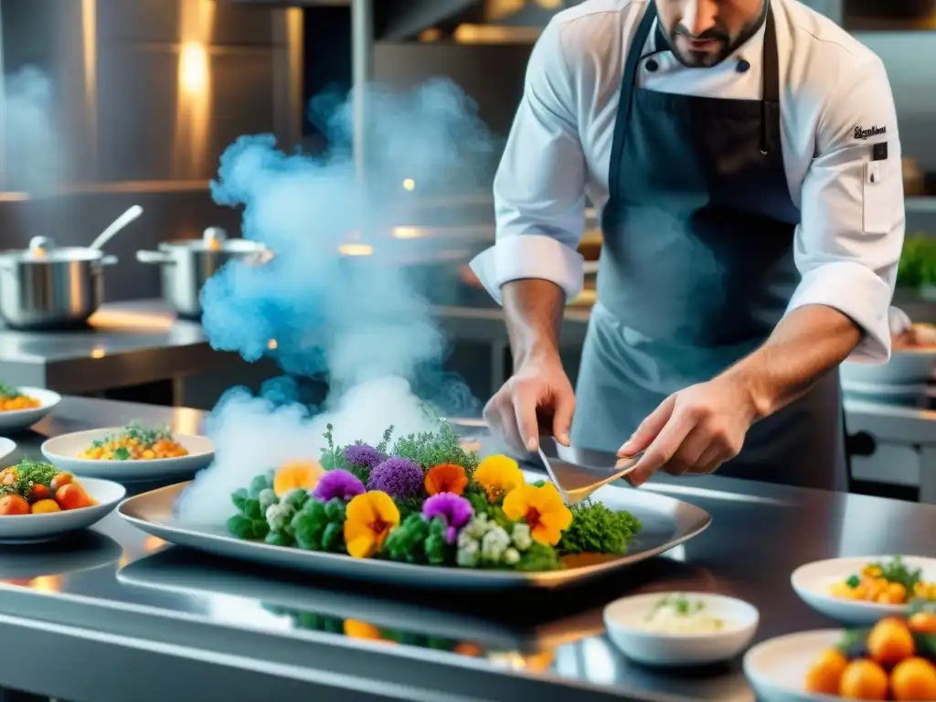 Un chef experto en el proceso creativo del menú de gastronomía francesa, elaborando exquisitos platos en una cocina profesional