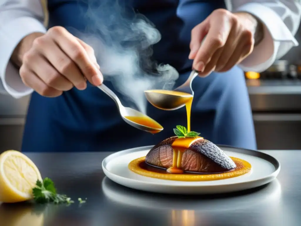 Un chef experto moldea una quenelle de brochet con precisión en una cocina francesa, destacando la maestría culinaria