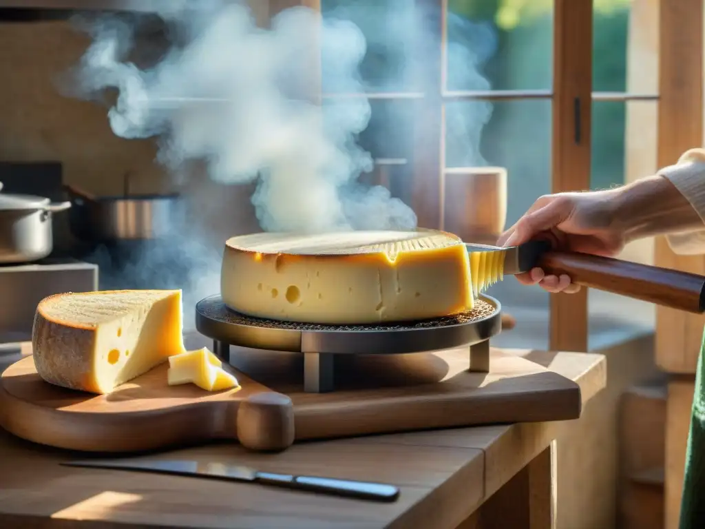 Un chef experto rallando queso Comté sobre fondue, creando una escena culinaria francesa encantadora