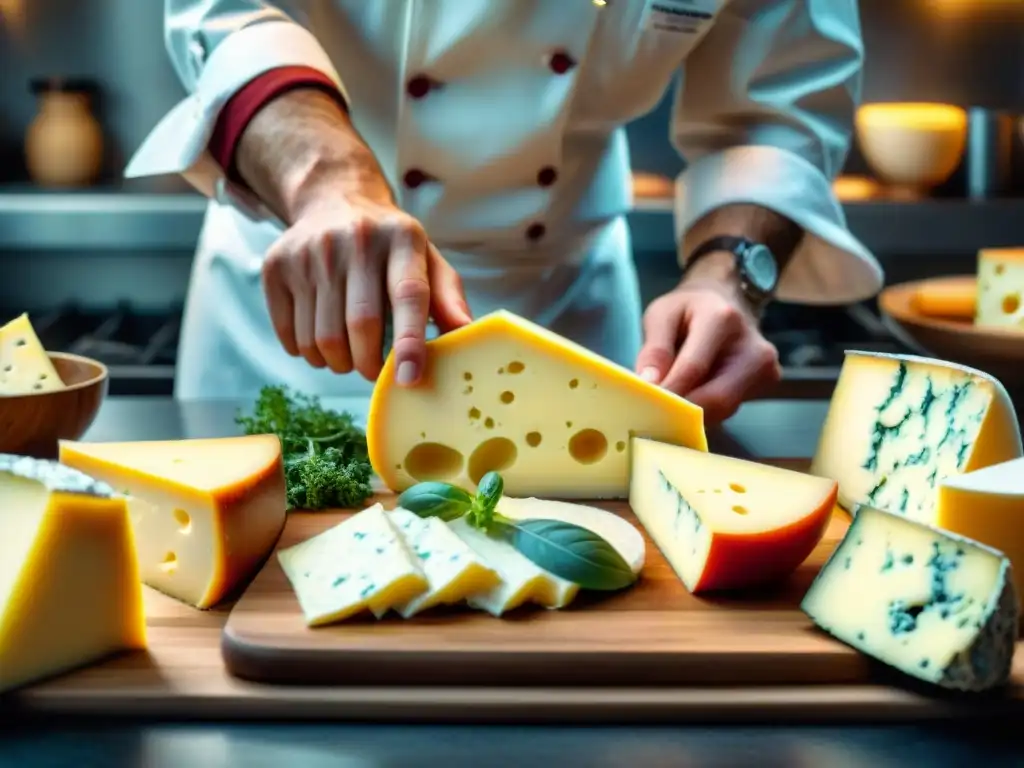 Un chef experto cortando quesos franceses en cocina moderna con precisión y arte