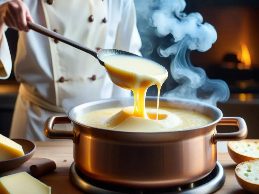 Un chef experto mezcla quesos franceses fundidos en olla de fondue de cobre, destacando aromas y texturas