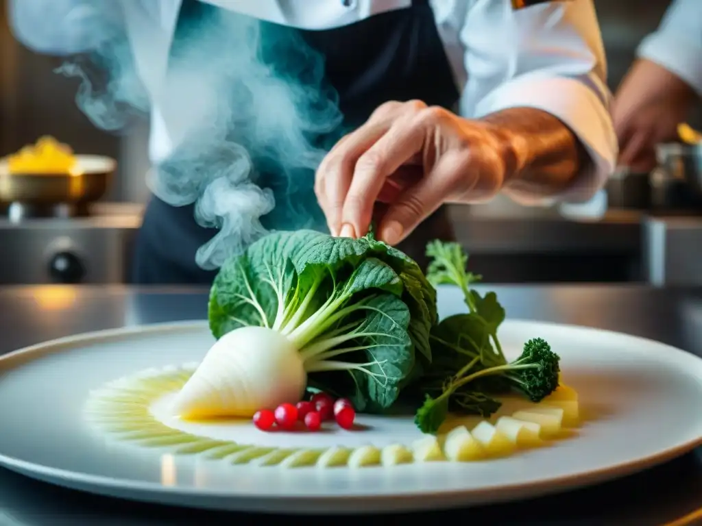 Un chef experto tallando un rábano para una presentación culinaria francesa