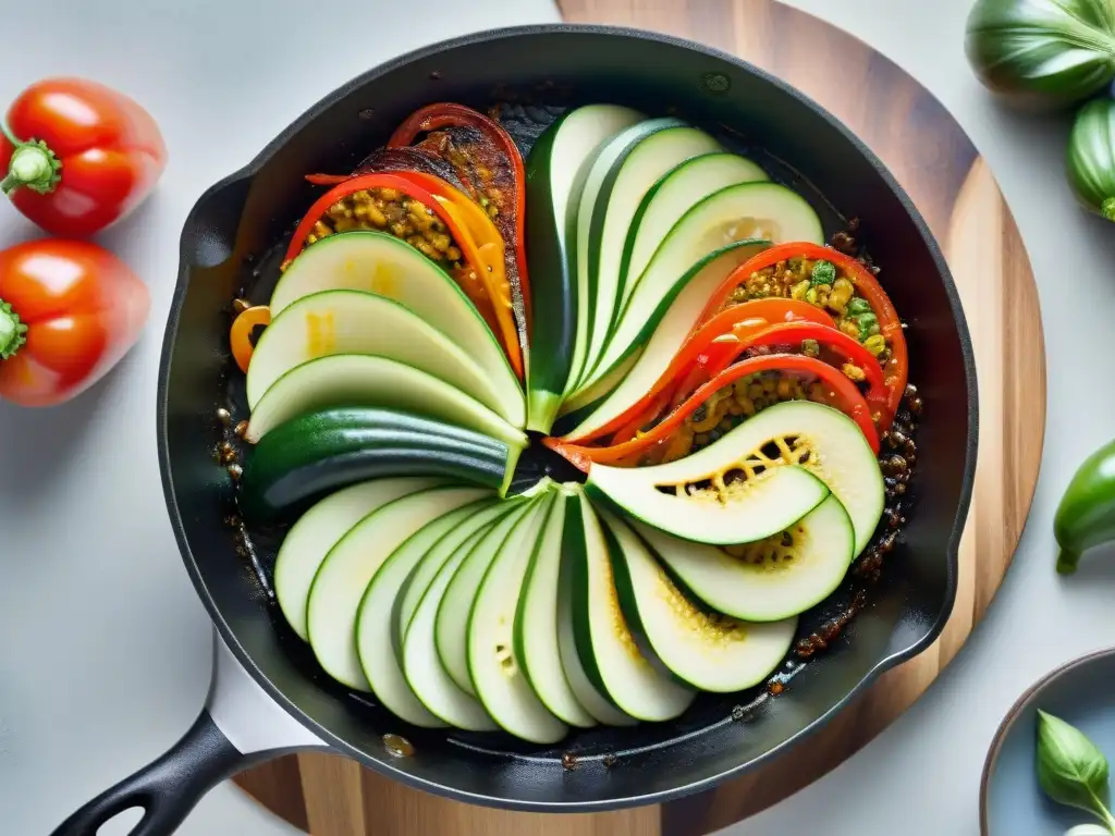 Un chef experto preparando un Ratatouille de kimchi receta, con verduras vibrantes en un sartén de hierro