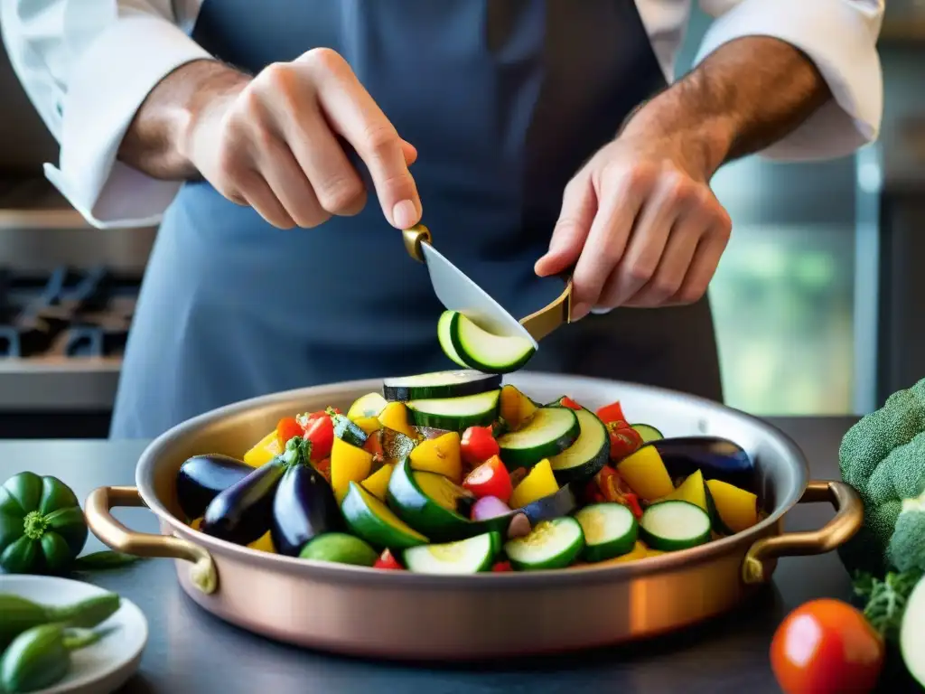 Un chef experto crea una ratatouille con técnicas avanzadas y vegetales frescos