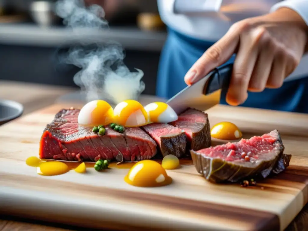 Un chef experto prepara una receta auténtica de steak tartare francés con precisión y arte