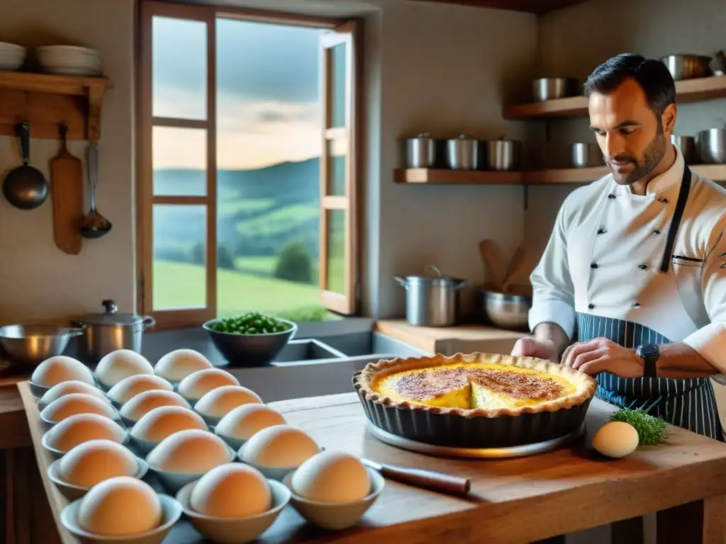 Un chef experto prepara una receta auténtica quiche Lorraine en una cocina francesa tradicional