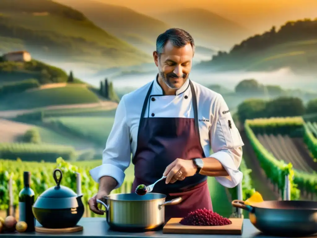 Chef experto preparando una receta clásica con reducción de vino tinto en cocina tradicional de Burdeos