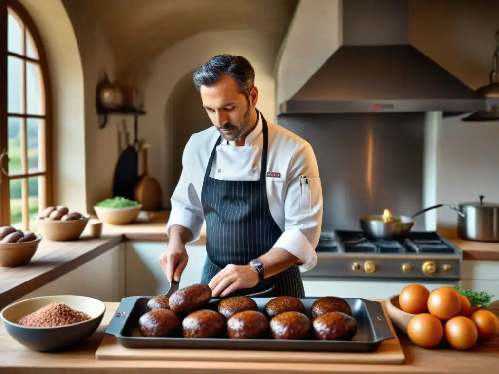 Un chef experto preparando la receta Boudin Noir Normande gastronomía en una cocina tradicional francesa en Normandía