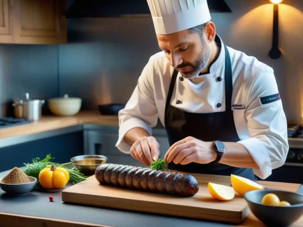 Un chef experto preparando receta Boudin Noir Normande en una cocina rústica francesa