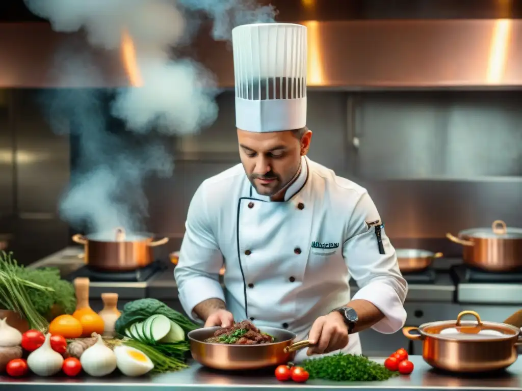 Un chef experto prepara una receta Coq au Vin internacional en una cocina profesional bulliciosa