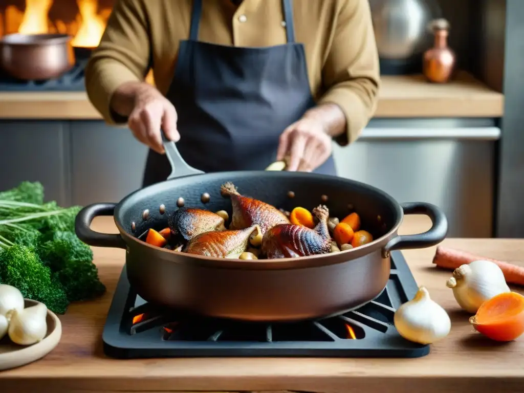 Un chef experto prepara una Receta Coq au Vin tradicional en una cocina francesa clásica