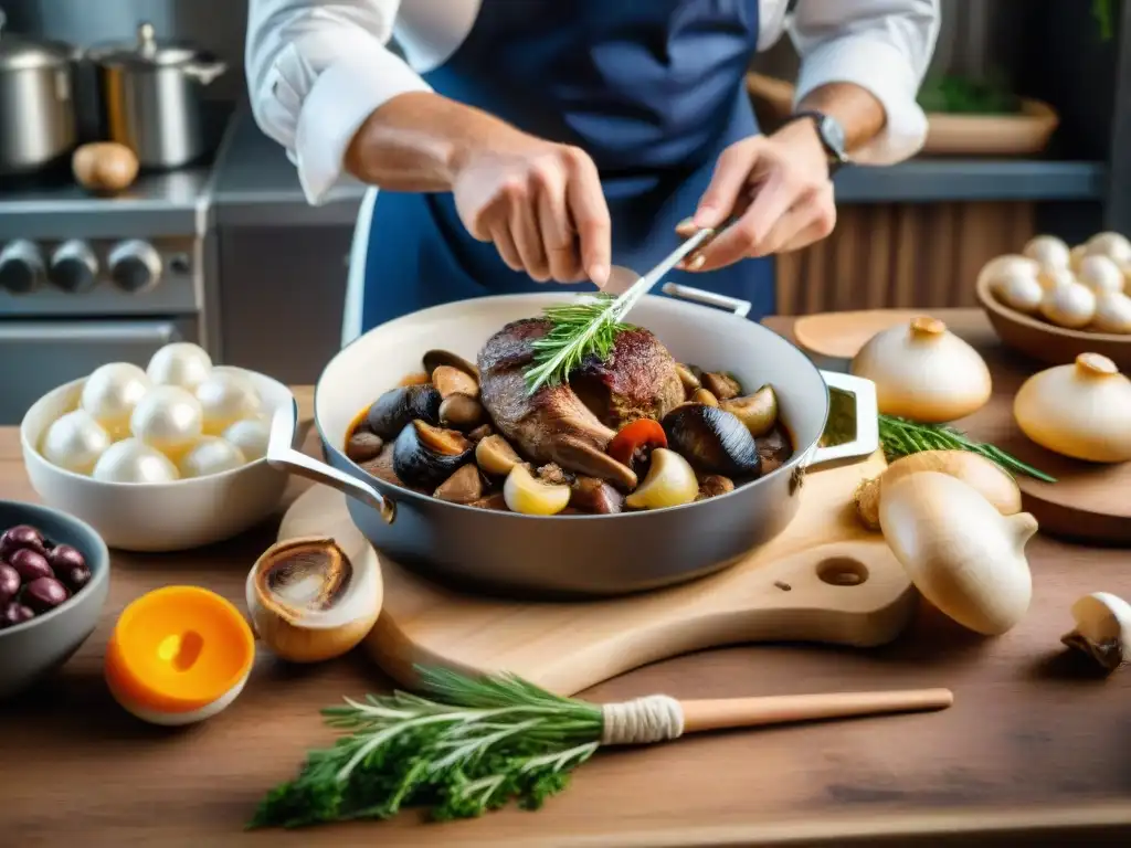 Un chef experto preparando una receta Coq au Vin internacional en una cocina francesa tradicional