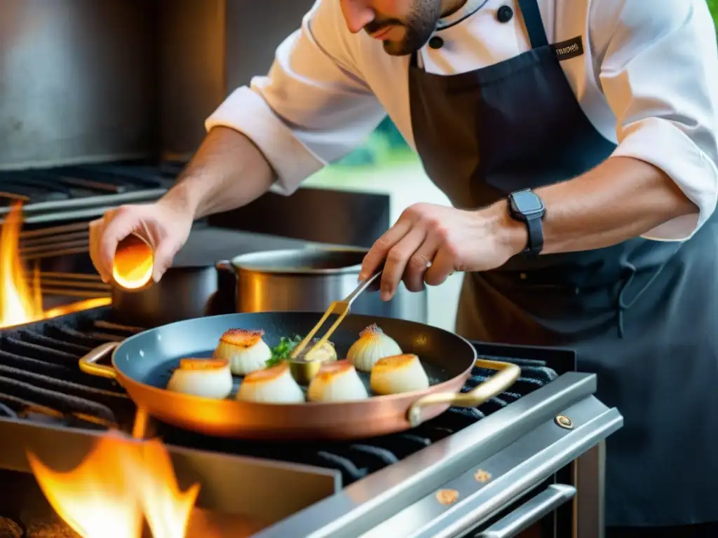 Un chef experto preparando receta Coquilles Saint Jacques Normandía en cocina tradicional