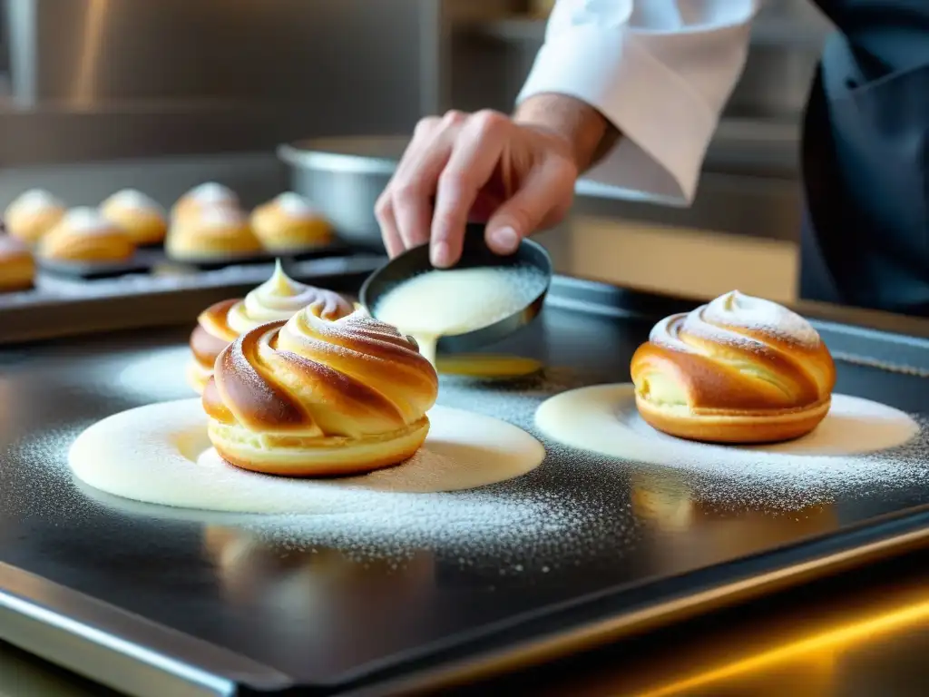 Chef experto elaborando Receta Pâte à choux eclairs con destreza y precisión en cocina profesional