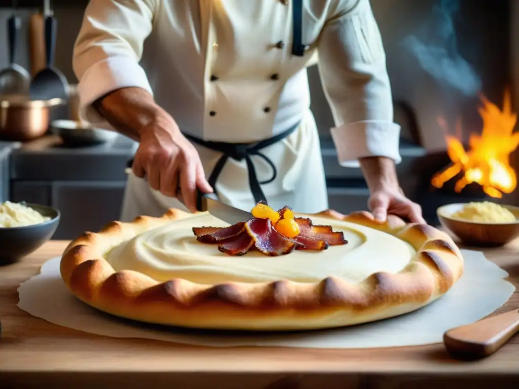 Un chef experto prepara una receta flammekueche tradicional francesa en una cocina rústica llena de utensilios y ingredientes