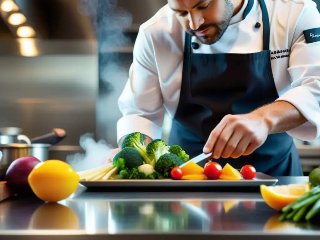 Un chef experto crea una receta francesa balanceada reinventada en una cocina profesional