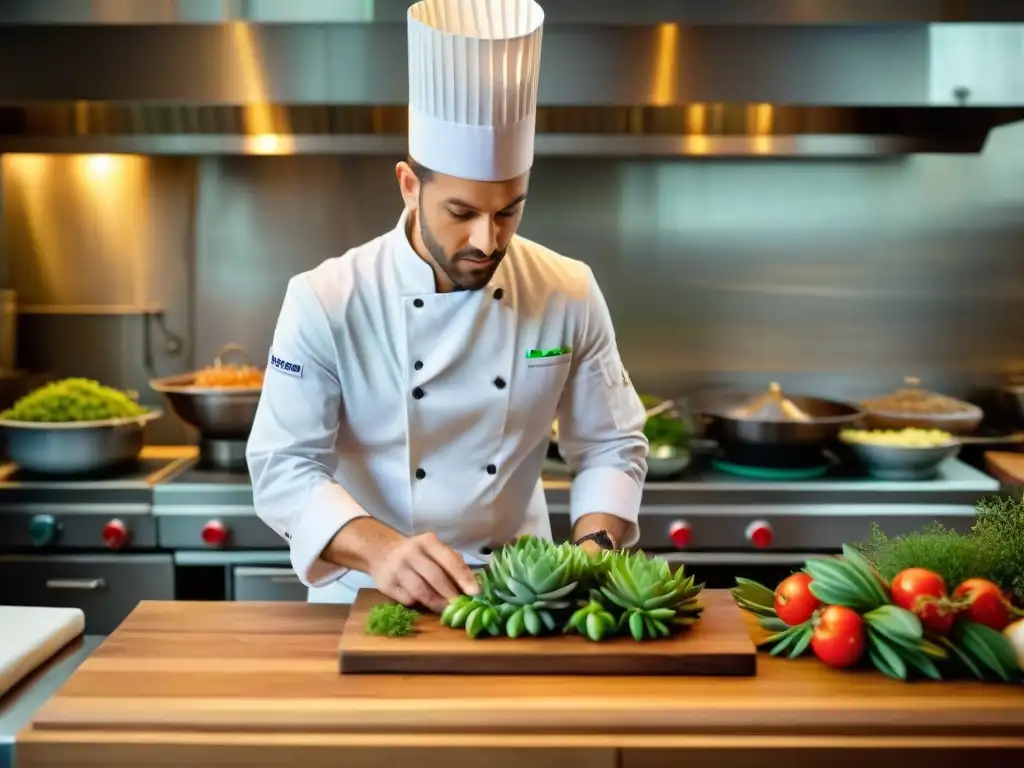 Chef experto preparando receta langosta Armoricana en cocina francesa, evocando gastronomía auténtica