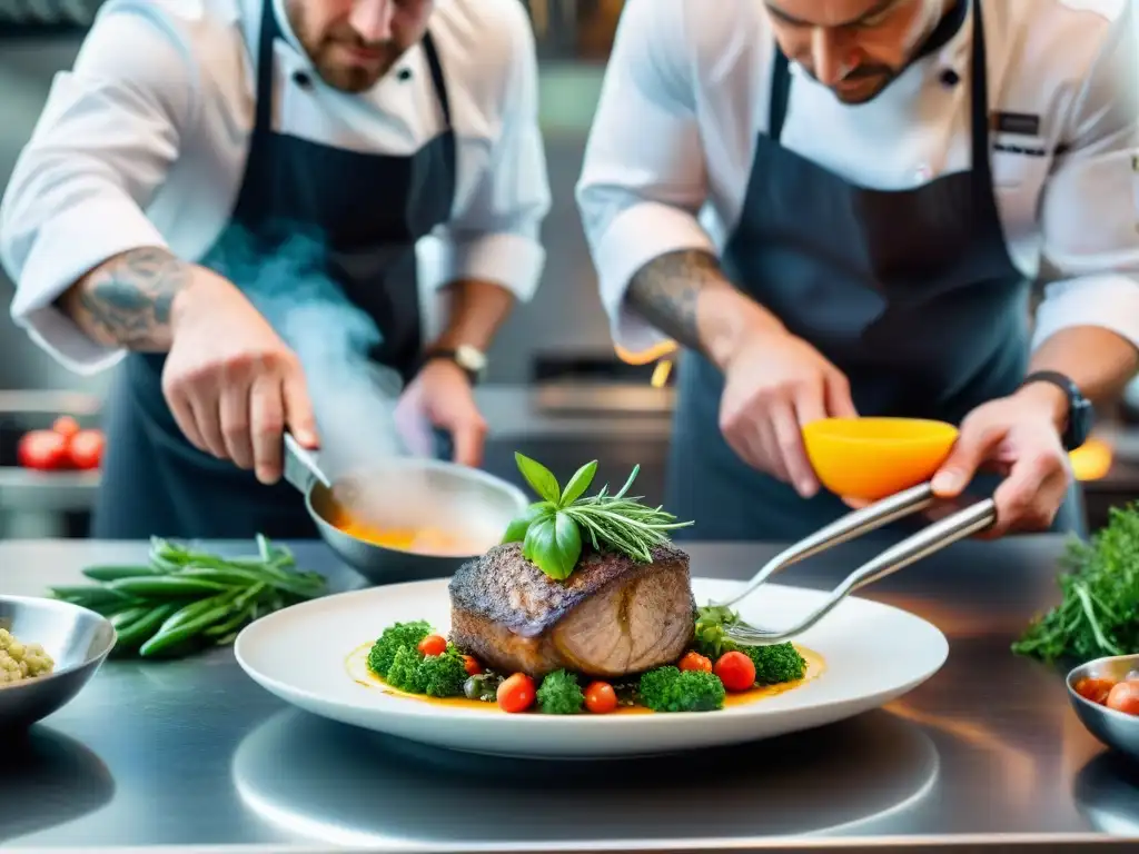 Un chef experto preparando una receta revolucionaria de la gastronomía francesa en una cocina profesional