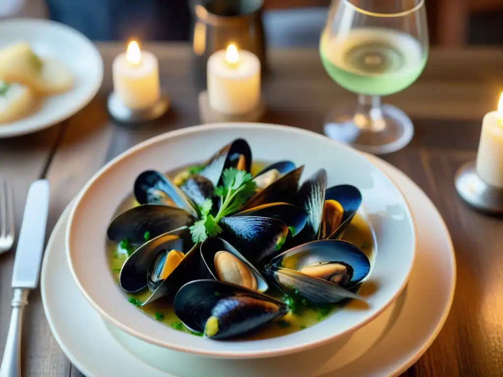 Un chef experto prepara una receta tradicional de moules à la crème normande en un acogedor restaurante francés