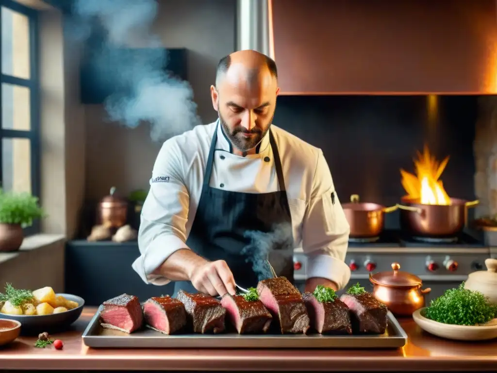 El chef experto prepara la receta tradicional Boeuf Bourguignon francés con maestría en una cocina clásica francesa