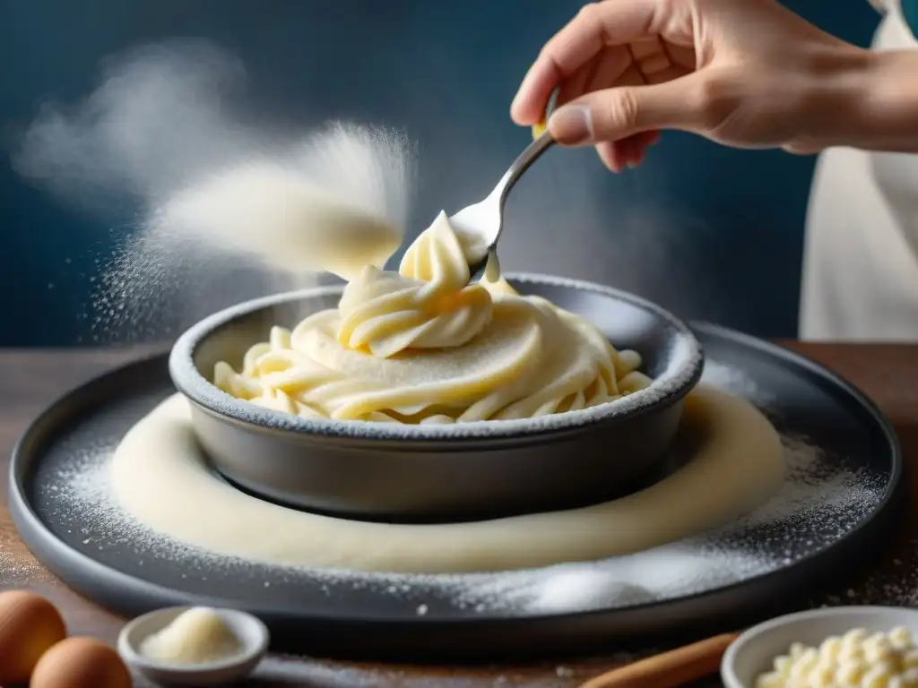 Un chef experto en la receta tradicional Spätzle Alsaciano mezcla la masa con maestría, destacando la textura y consistencia perfecta del plato casero