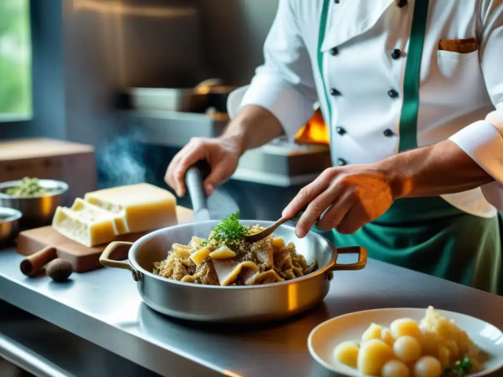 Un chef experto prepara la receta tradicional tripes normandas en una cocina francesa rústica