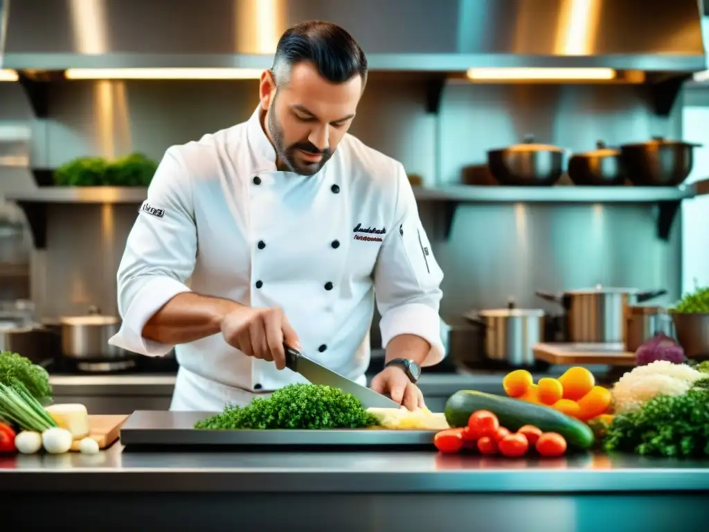 Un chef experto prepara una receta tradicional de la gastronomía francesa en una cocina profesional