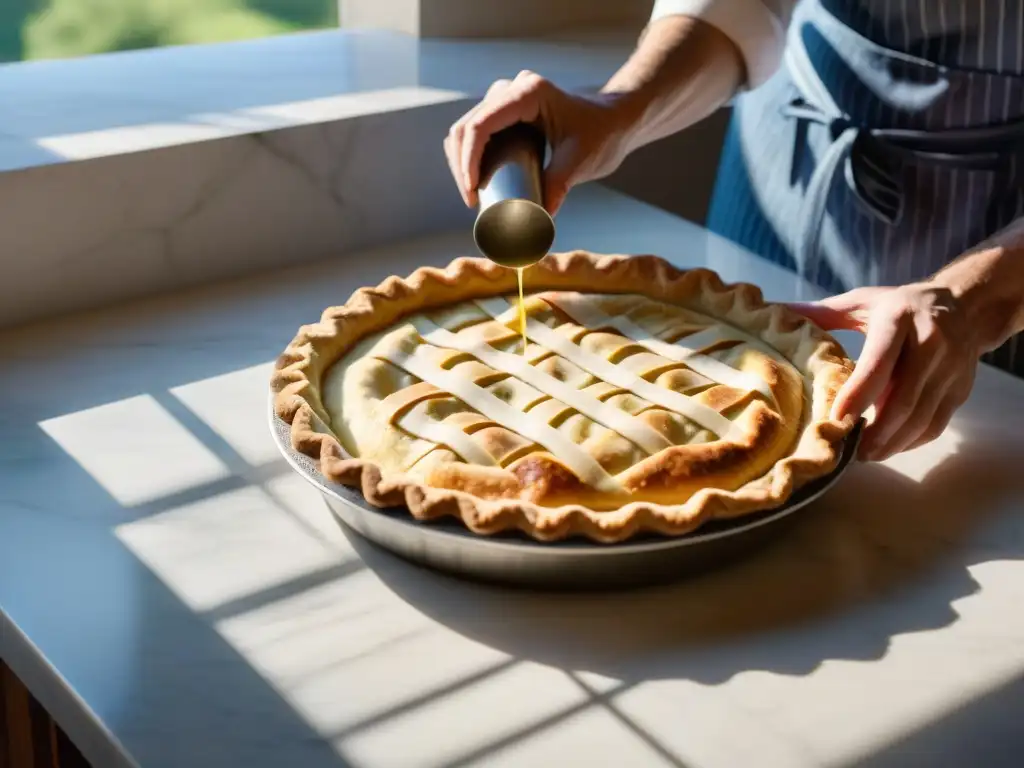 Un chef experto preparando una receta tradicional quiche francesa con detalle y destreza en una cocina soleada