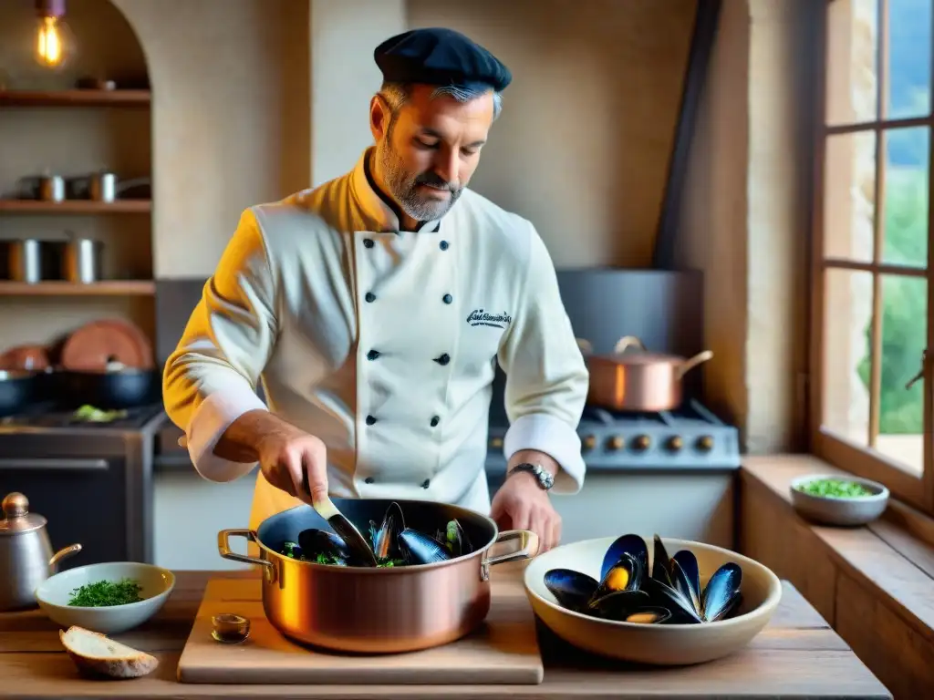 Un chef experto prepara una receta tradicional moules crème normande en una cocina francesa rústica