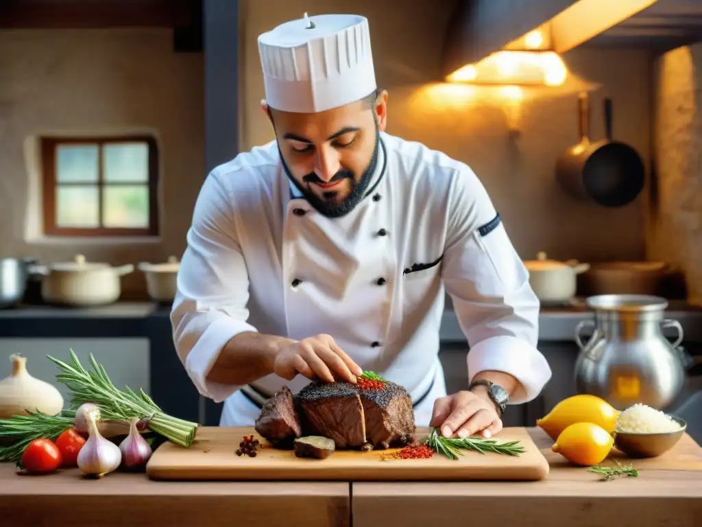 Un chef experto preparando recetas de cordero árabe francés en una cocina tradicional, mezclando sabores e influencias culinarias