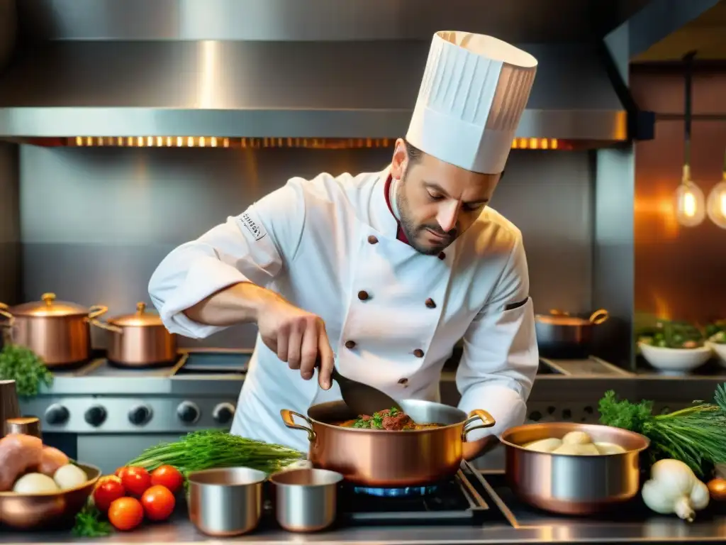 Un chef experto revive recetas históricas francesas en una cocina tradicional, rodeado de utensilios y ingredientes frescos