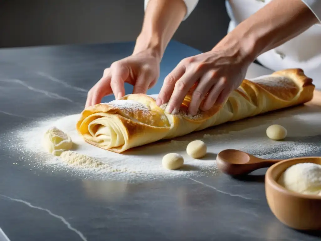 Un chef experto en recetas tradicionales cocina francesa amasa masa de hojaldre en mármol