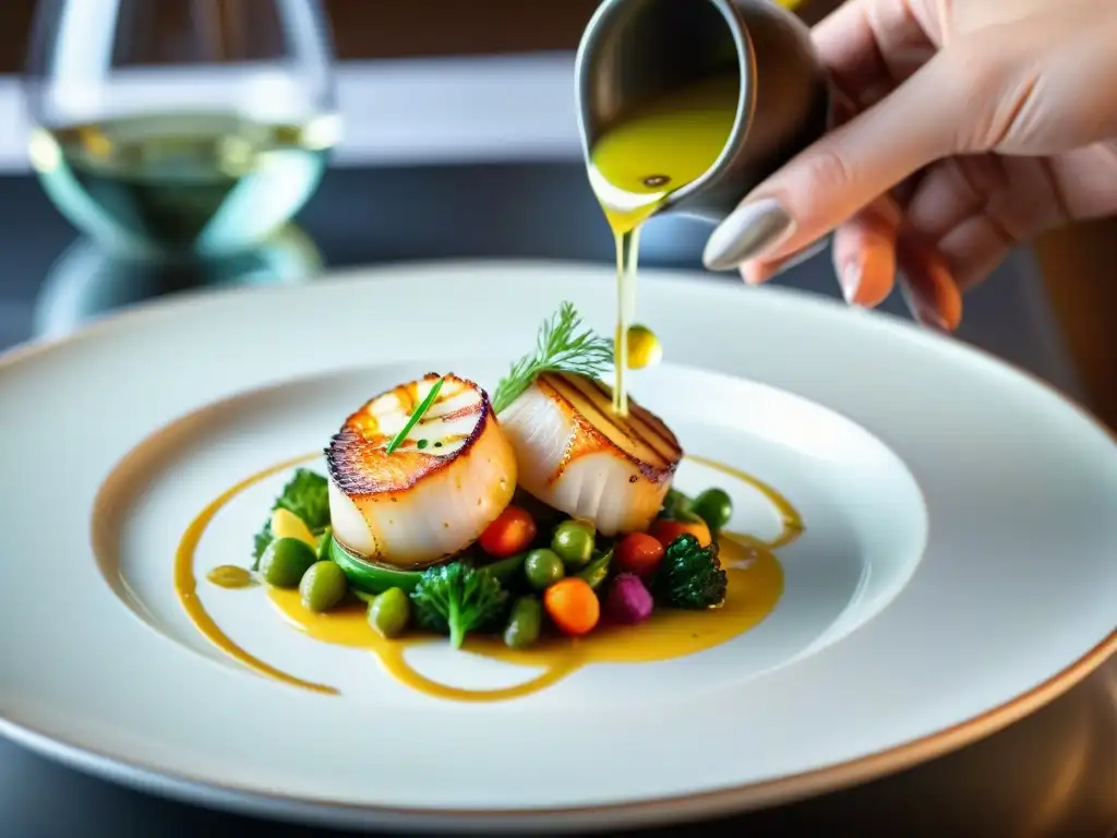 Un chef experto sirviendo una reducción de vino blanco sobre vieiras, con vegetales al lado