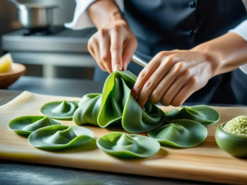 Un chef experto enrolla tortellini rellenos de pesto verde, mostrando la influencia italiana en innovaciones culinarias francesas