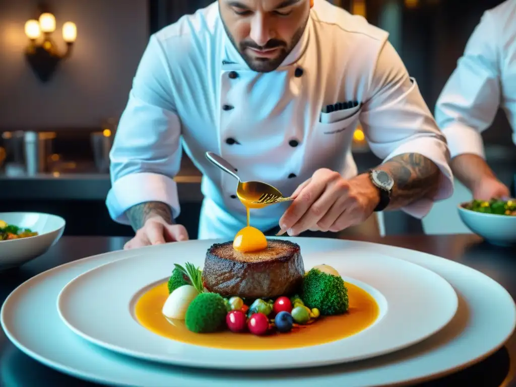 Un chef experto en un restaurante de tres estrellas Michelin en Francia, creando un plato exquisito con precisión artística