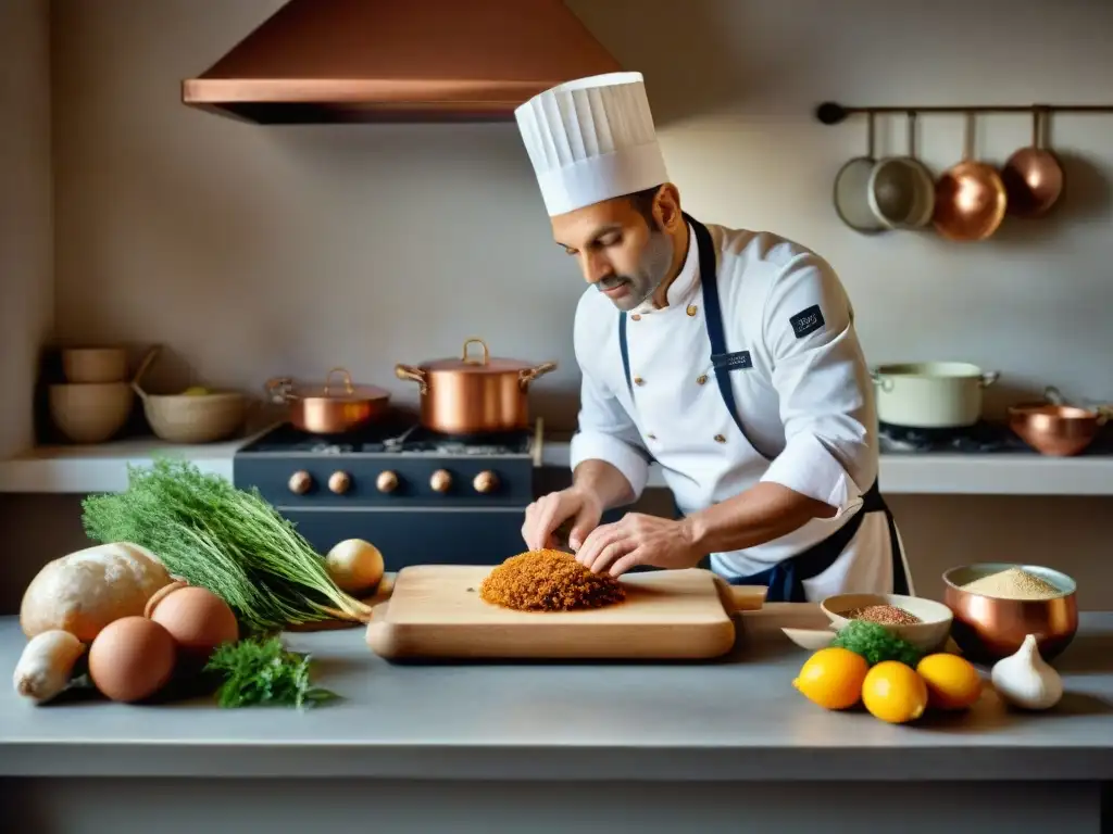 Un chef experto preparando Rilletes de Pescado Francés Delicioso en una cocina tradicional