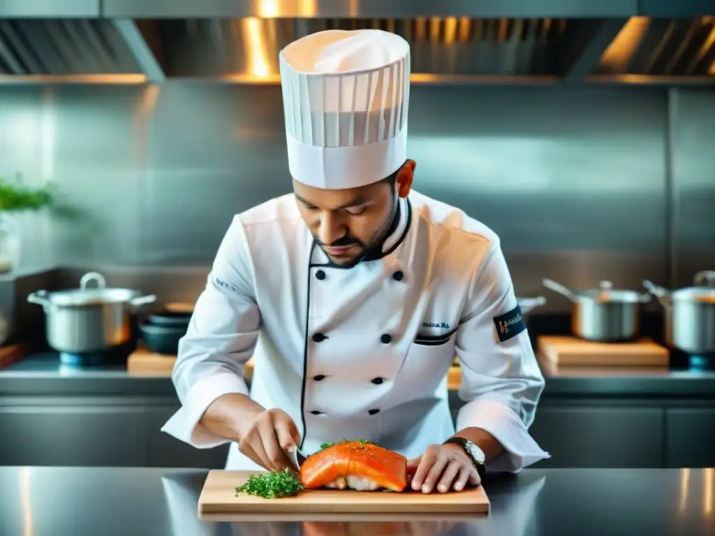 Un chef experto preparando Rilletes de Pescado Francés Delicioso en una cocina moderna y elegante