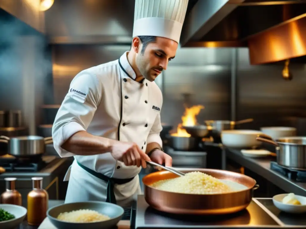 Un chef experto preparando risotto en una cocina parisina, fusionando la historia culinaria italiana en París