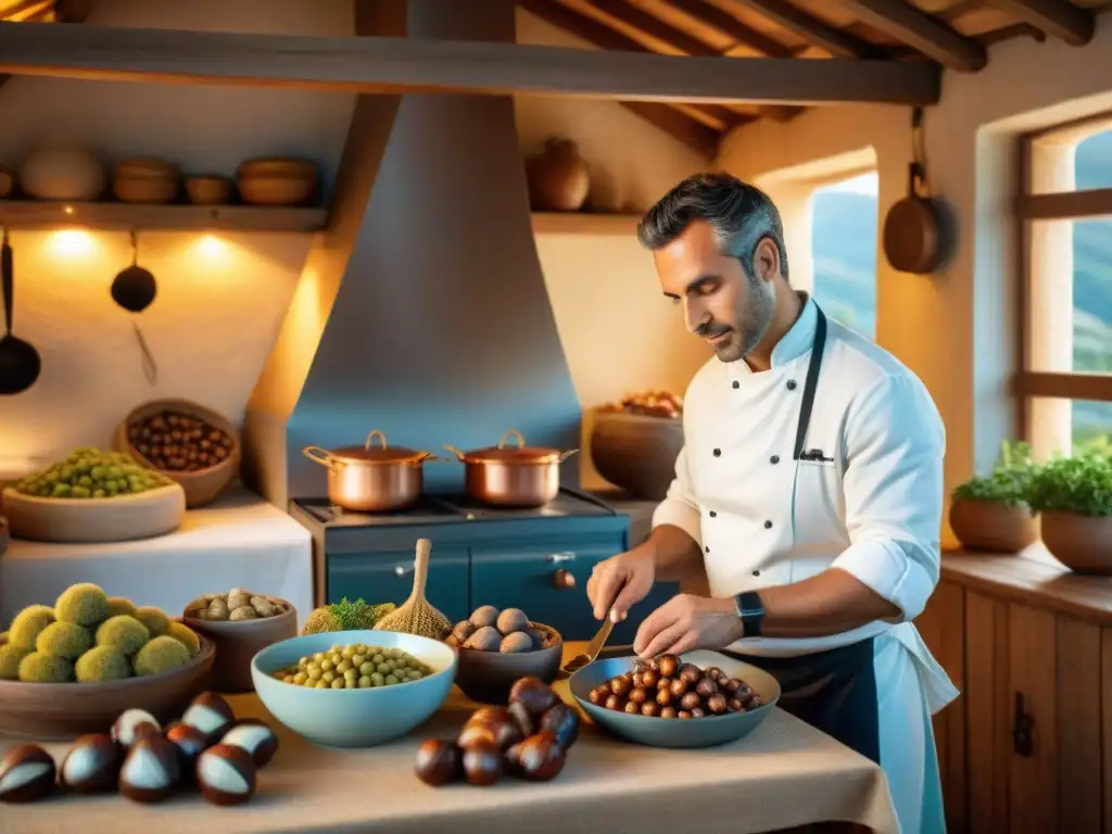 Cocina corsa: fusión culinaria en un escenario tradicional Un chef corsé experto fusiona sabores únicos gastronomía corsica en cocina rústica encantadora