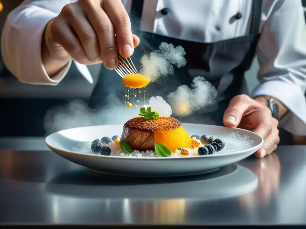 Un chef experto esparciendo Sal de Guérande en la gastronomía, realzando la presentación de un exquisito plato gourmet