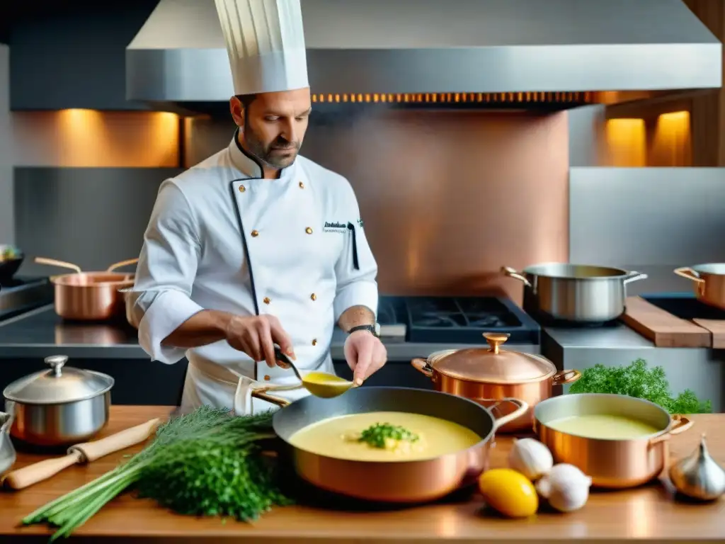 Un chef experto preparando salsa Béarnaise en una cocina francesa tradicional