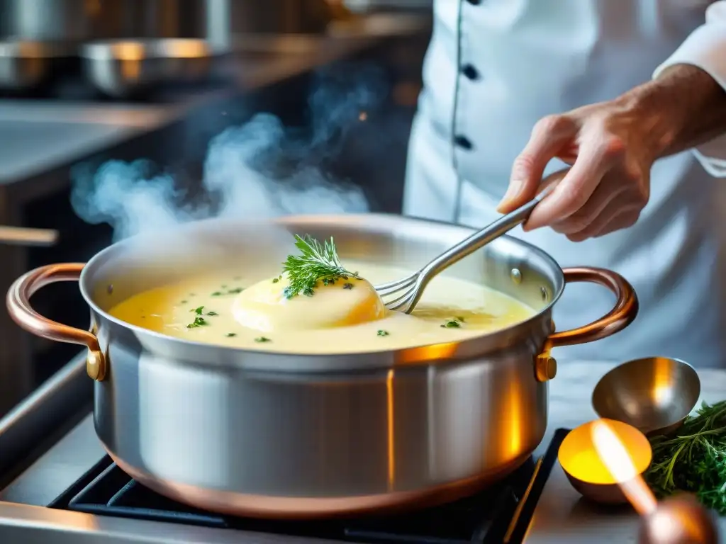 Un chef experto prepara una salsa Béarnaise francesa con destreza en una cocina profesional