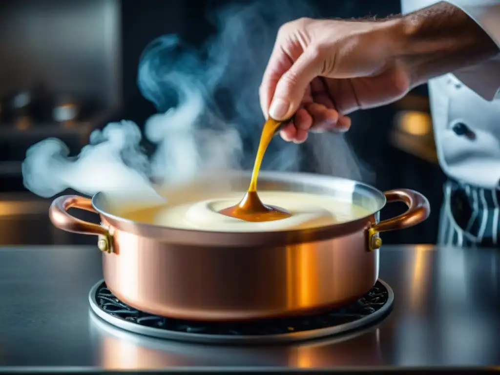 Chef experto mezclando una salsa Bechamel en una cacerola de cobre, revelando los Secretos de las Salsas Francesas